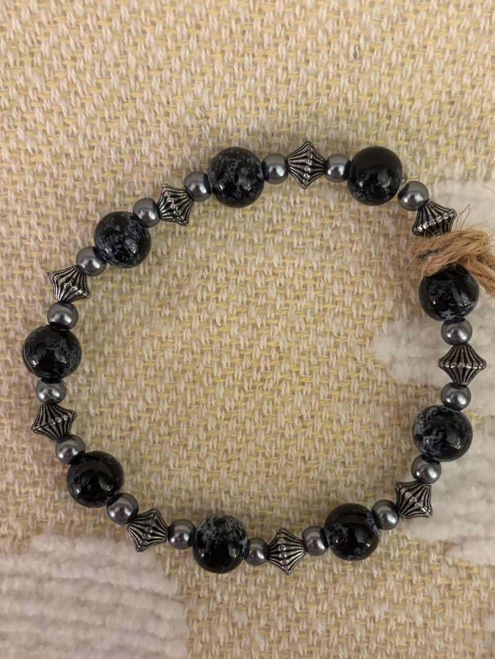 Black Stone and Silver Bead Stretch Bracelet